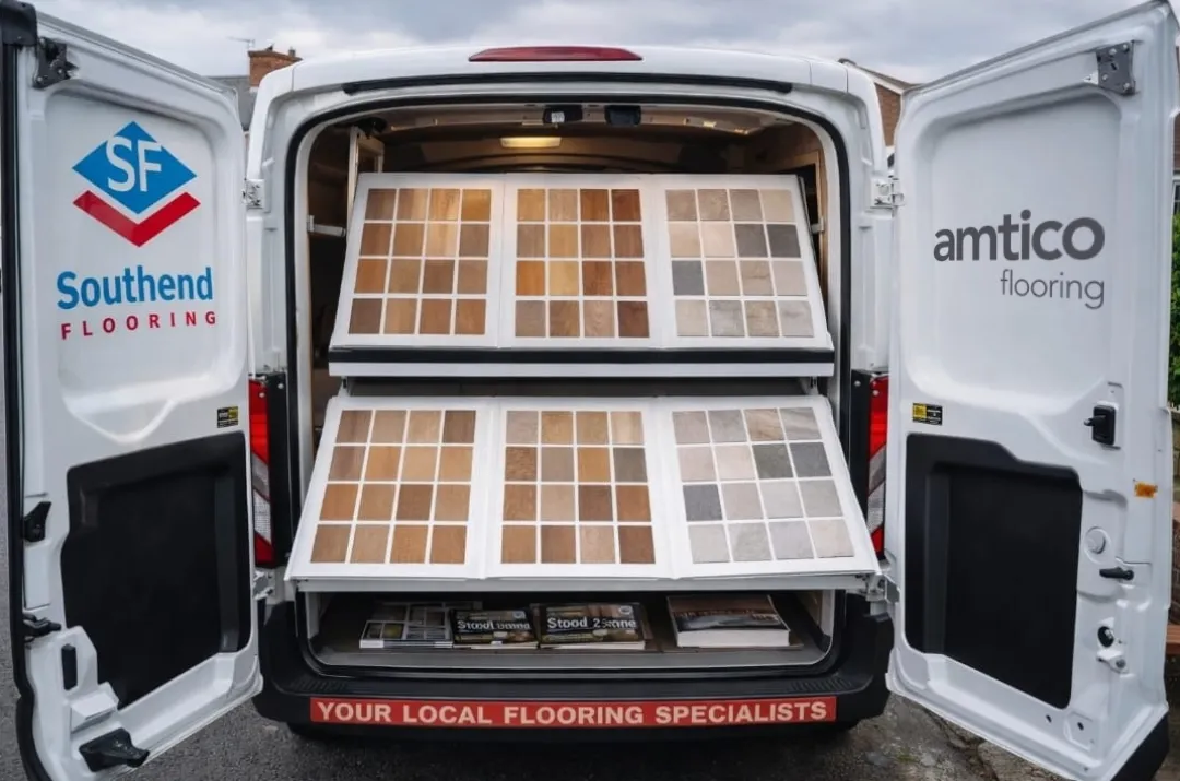 Southend Flooring mobile showroom displaying Amtico and luxury vinyl flooring samples during a home consultation in Leigh-on-Sea 