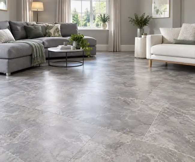 Grey stone effect flooring in a neutral sitting room