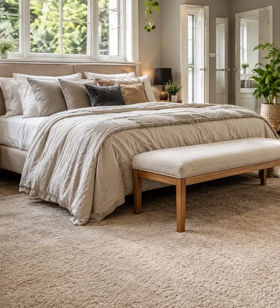 A soft neutral bedroom with warm carpet and a timber bench