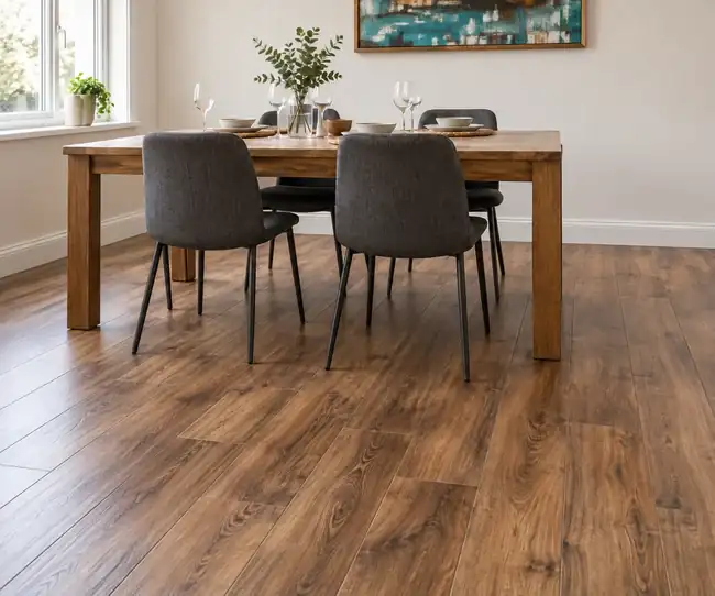 Warm wood effect laminate in a dining room