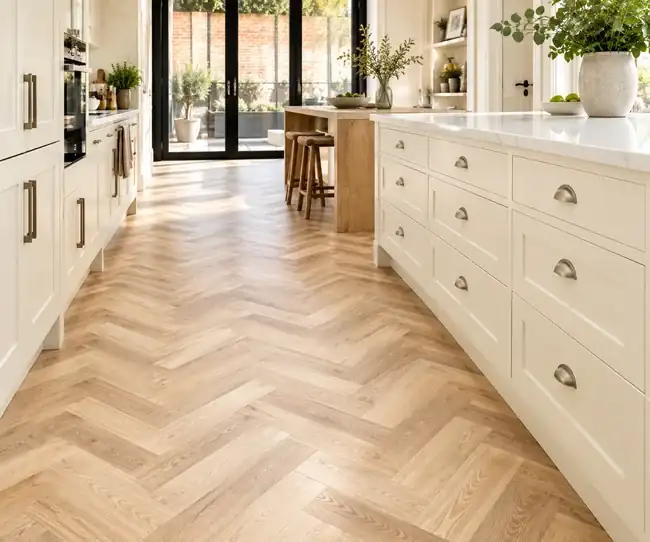 Pale oak herringbone flooring in a light kitchen