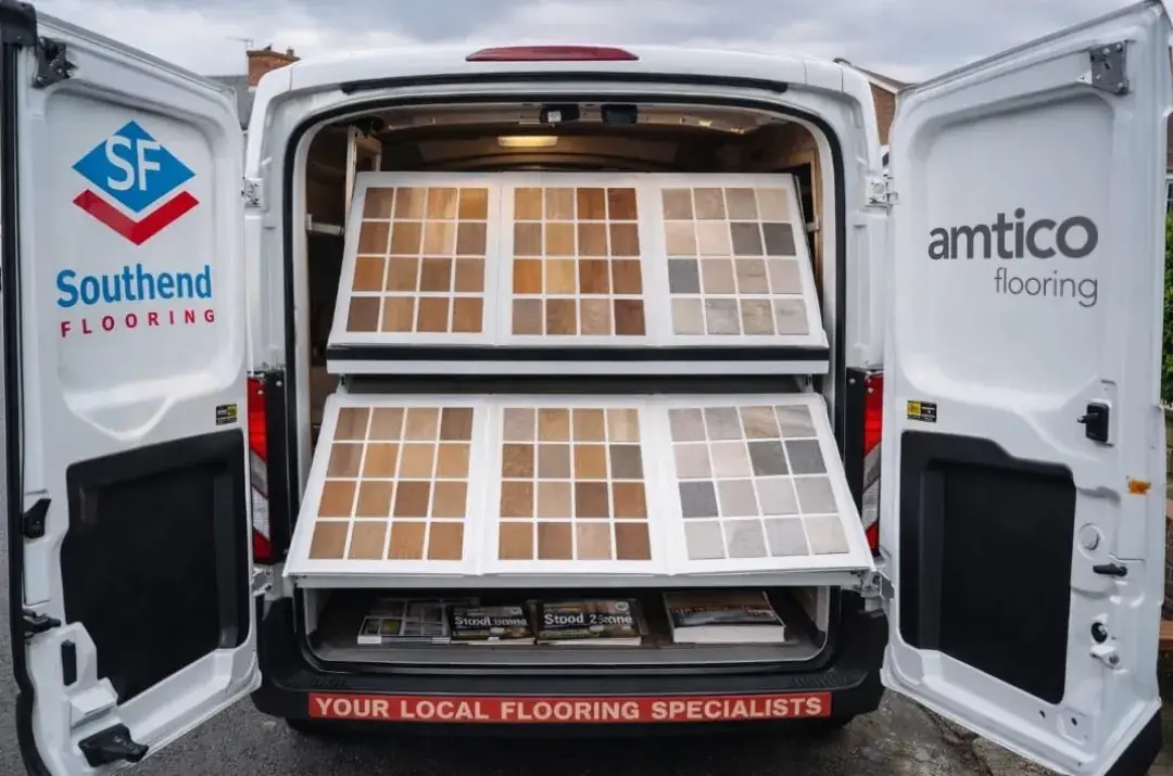 Flooring samples displayed in the mobile Amtico showroom
