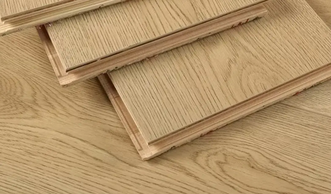 Close view of a laminate floor board and its construction