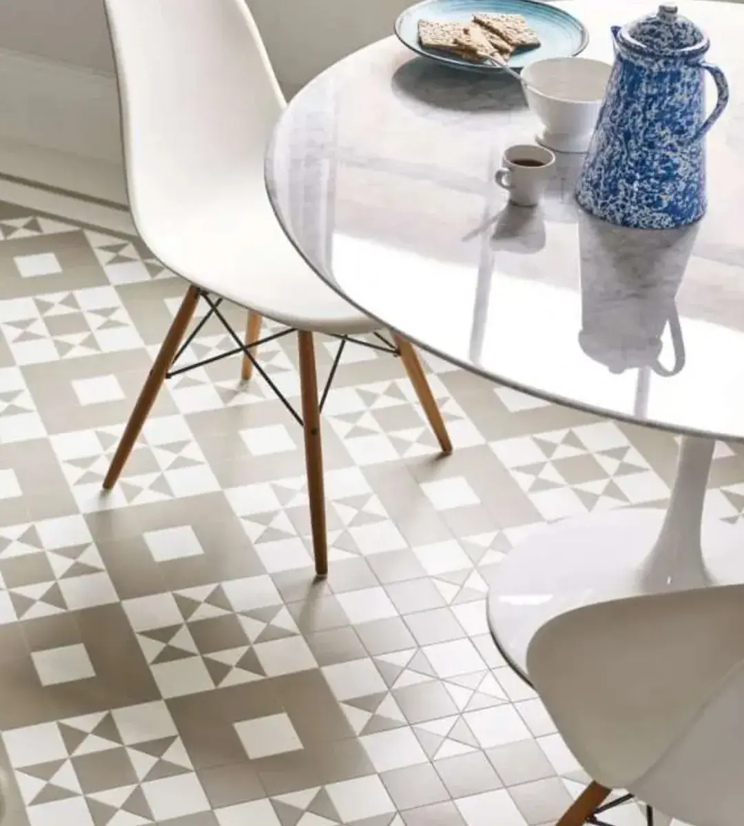Patterned luxury vinyl flooring in a dining area